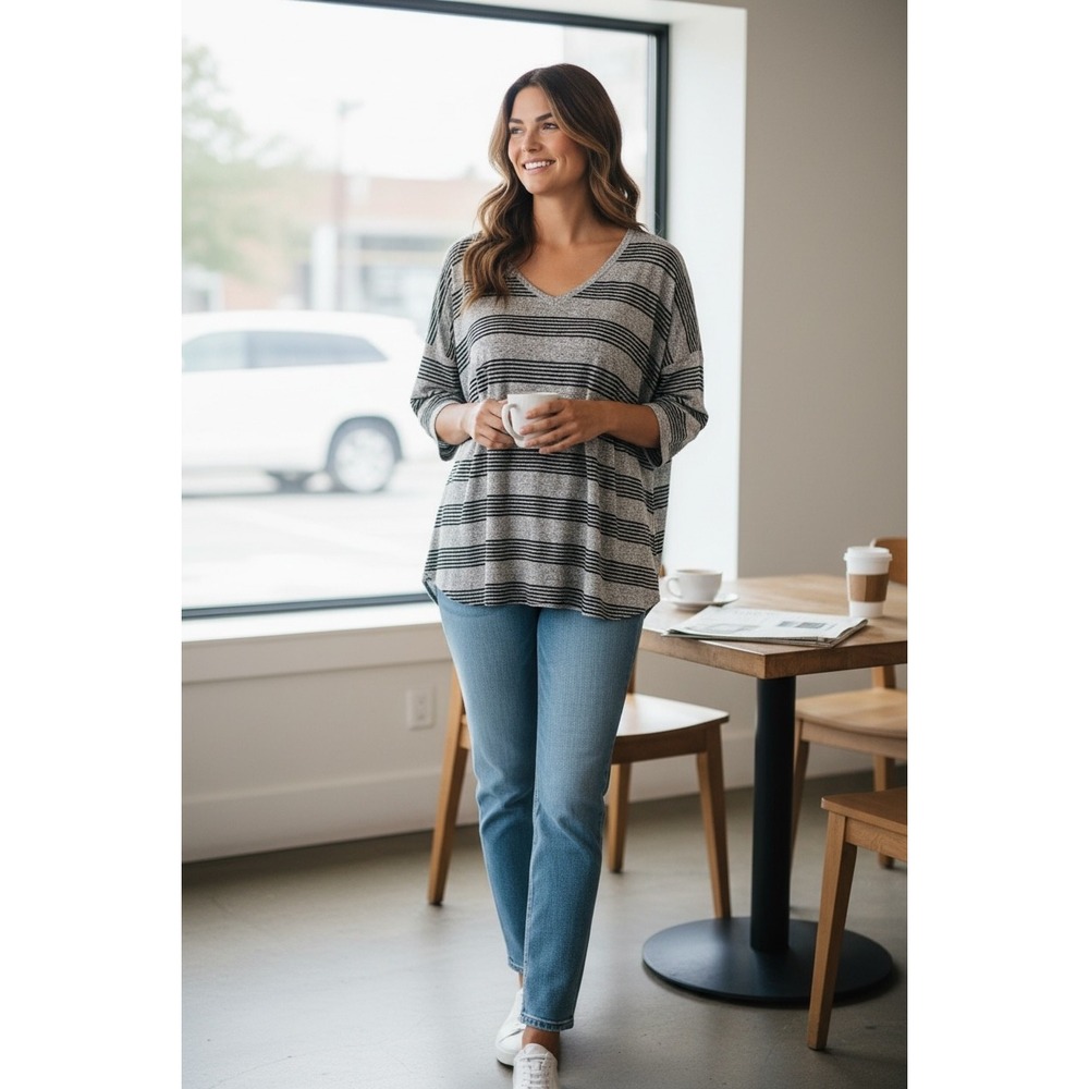Market & Spruce Striped V Neck‎ 3/4 Sleeve Top Womens XL Heather Gray Black